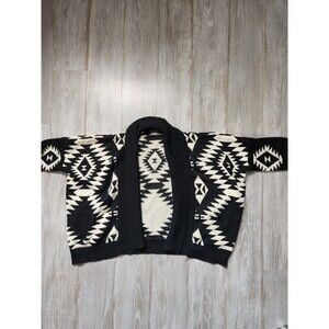 Solution Knit Aztec Print Black Cream Oversized Open Front Cardigan Sz M/L